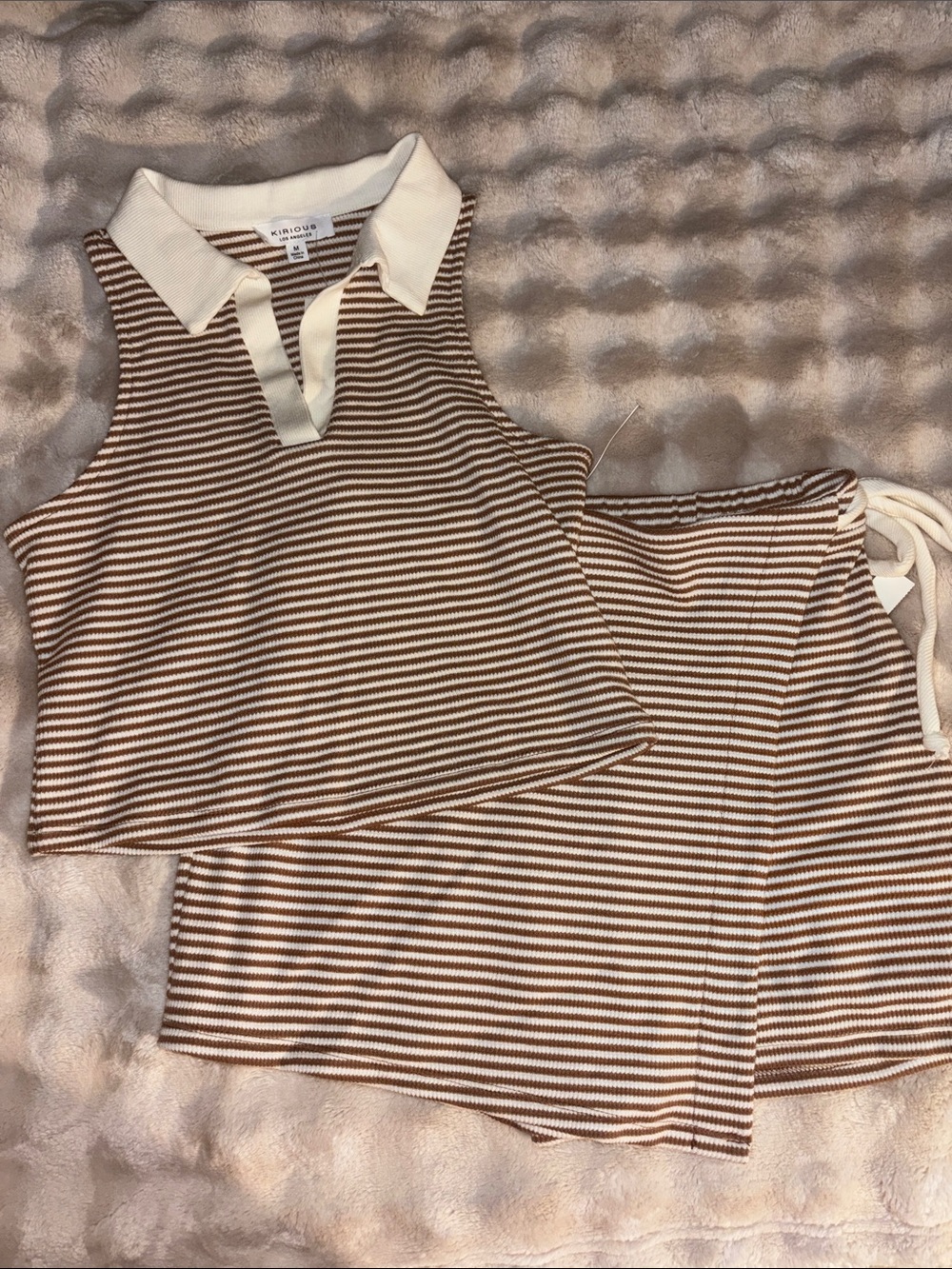 Knit Polo Crop Top in Brown Stripe - KINTOUS